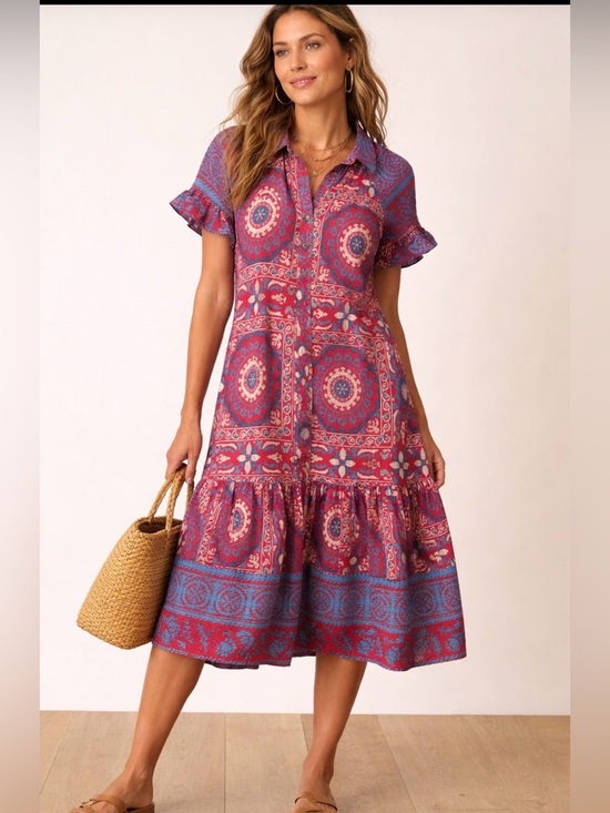 Anthropologie Dresses & Skirts - NWT Anthropologie Boho Red/ Blue Motif Midi Shirt Dress Size M